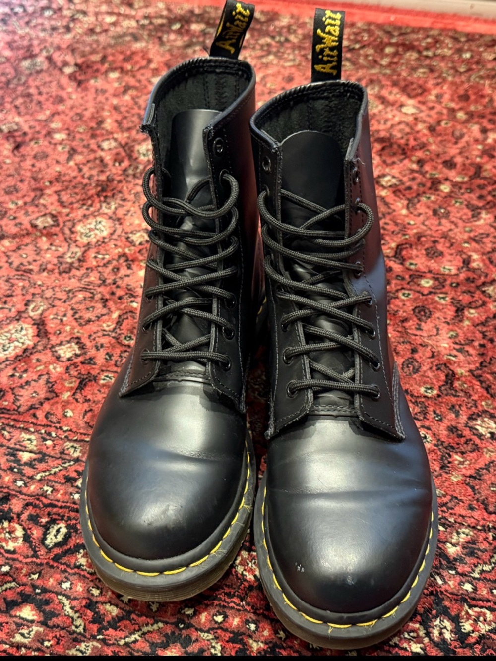 Dr. Martens Black Leather 1460 Lace-Up Boots with Yellow Stitching
